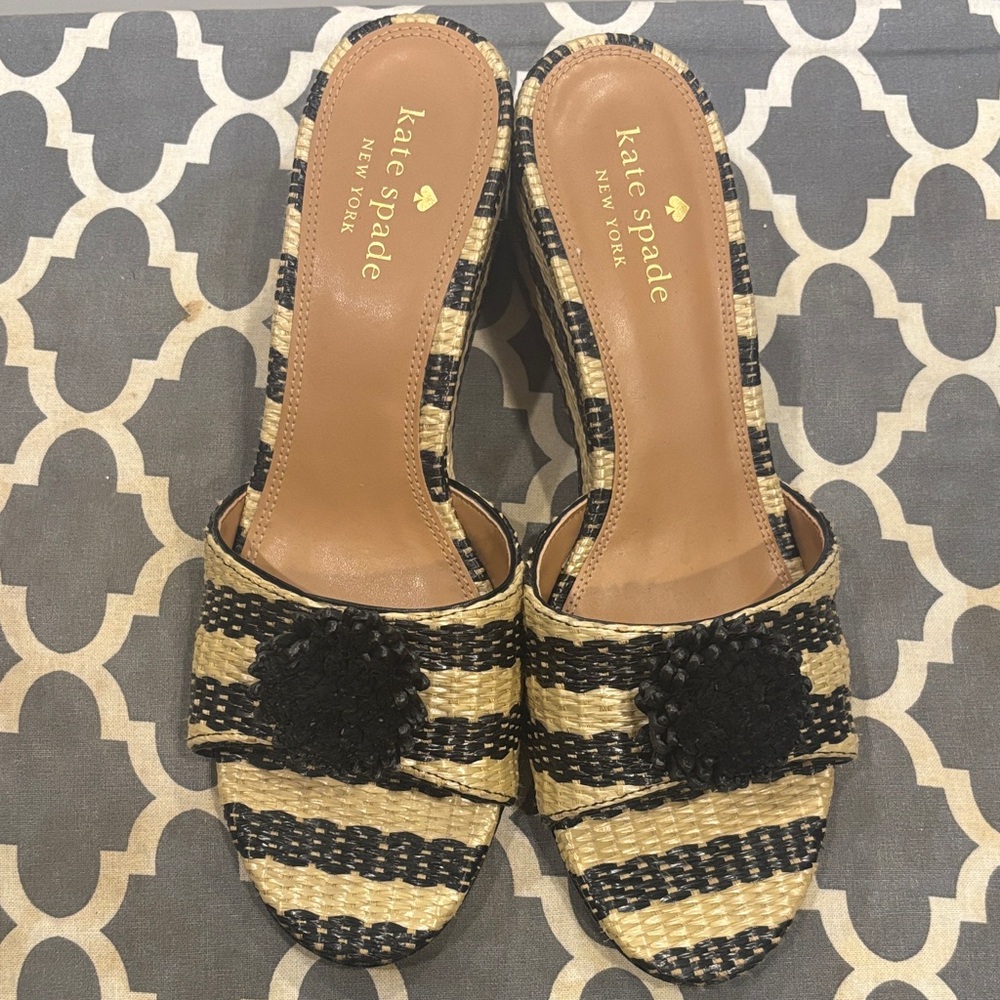 Kate Spade Black and Tan Striped Mules